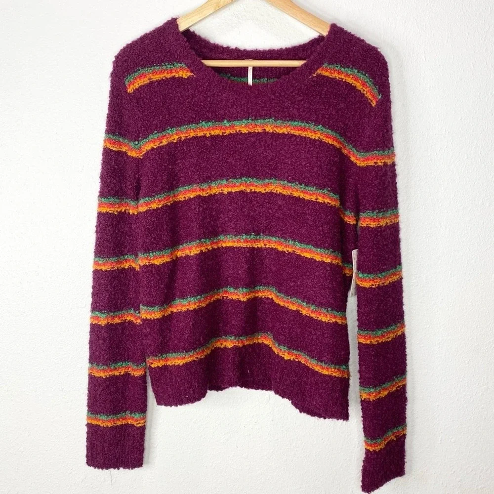 Free People Best Day Ever Sweater In Berry Striped Medium NWT